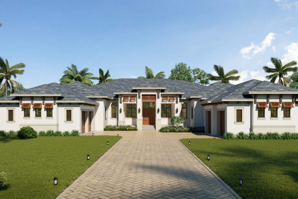 Lovely Harbor 27 Symmetrical stucco ranch-style home with hipped roofs, wood entry, palm trees, and a broad paver walkway