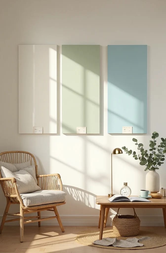 Test Paint Colors Before You Buy Three large paint color samples in off-white, pale green, and light blue are displayed on a sunlit wall, illustrating how to test paint colors before ordering.