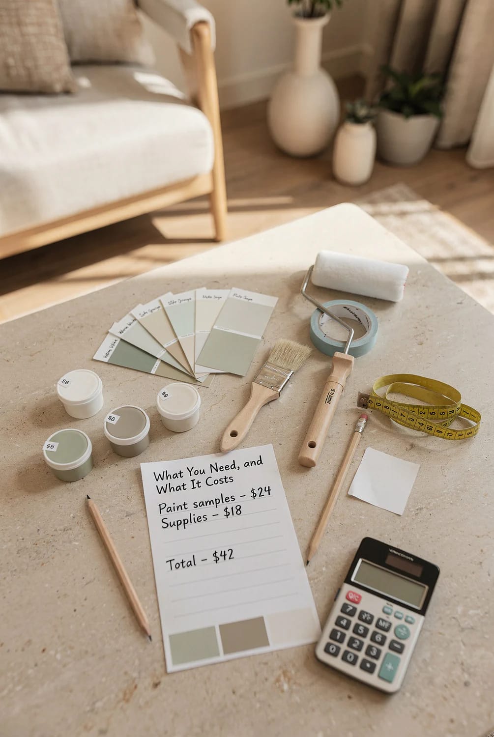 Testing Paint Colors Before You Buy Paint color sample cards, small labeled paint containers, brushes, roller, painter’s tape, measuring tape, pencils, and calculator arranged on a table beside a handwritten cost list for testing paint colors before buying