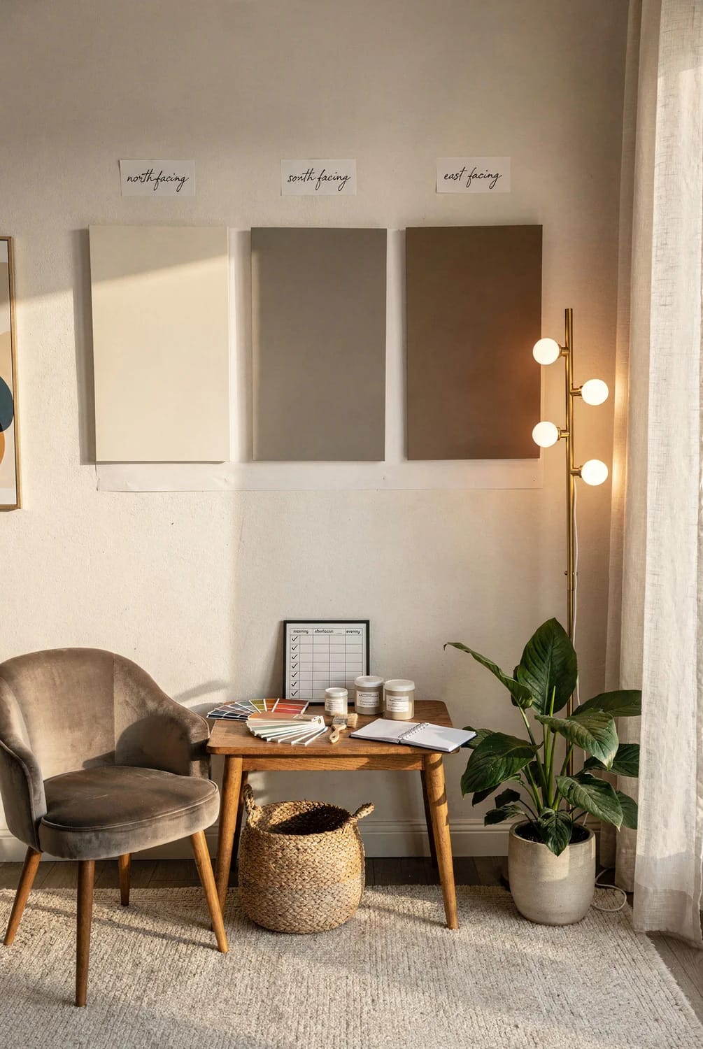 Testing Paint Colors In Different Room Orientations Three large paint sample boards labeled north-facing, south-facing, and east-facing are displayed on a wall, with paint swatches, sample containers, and a checklist on a nearby table for testing how lighting changes paint colors