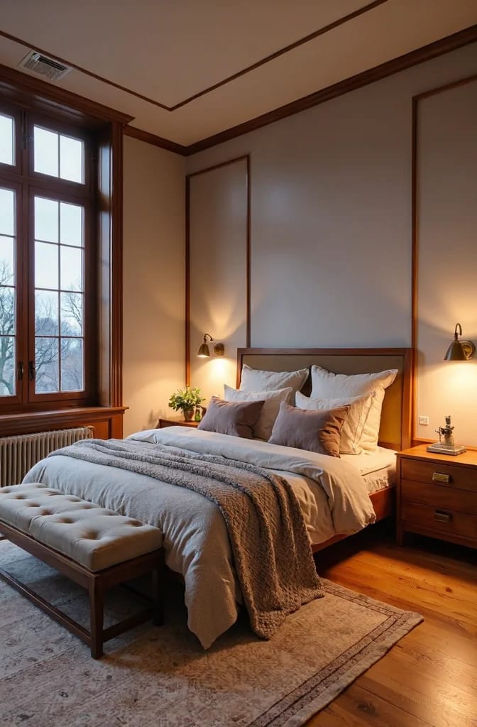 Warm Neutral Paint Colors With Orange Wood Floors Bedroom with warm neutral walls, dark wood trim, built-in wall paneling, a wood bed, and orange-toned hardwood floors, illustrating paint colors that work with wood floors and trim