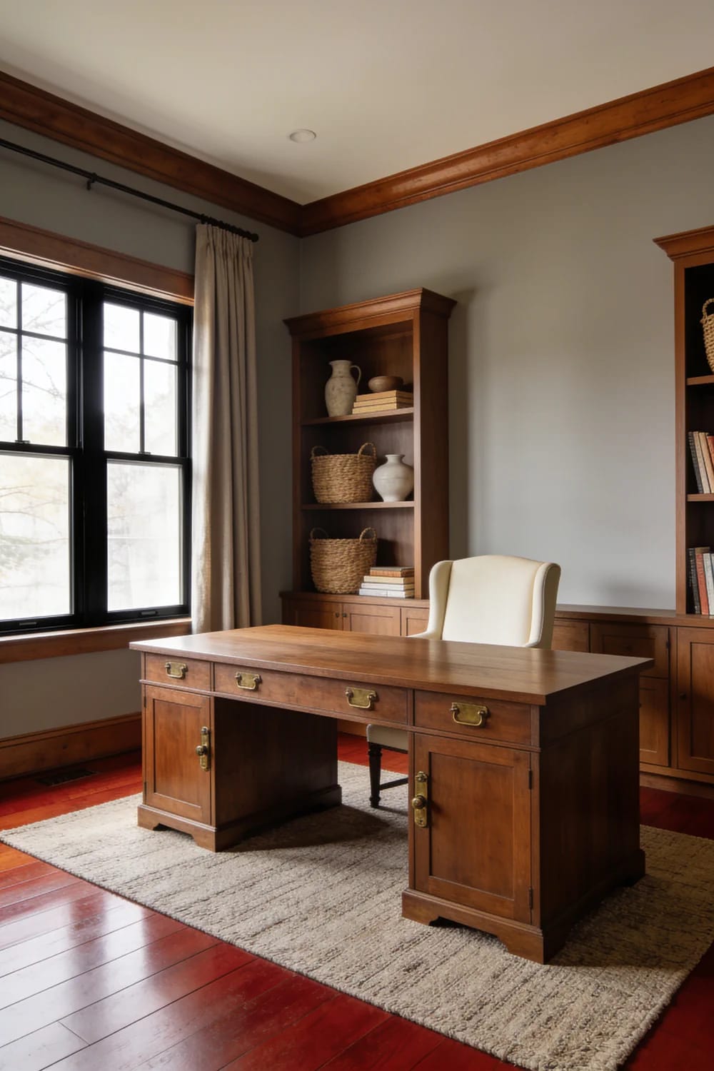 Warm Neutral Paint With Orange Wood Floors Home office with warm gray walls, dark wood trim and built-in shelving, a wooden desk, cream chair, beige rug, and orange-toned wood floors illustrating paint colors that work with wood floors and trim