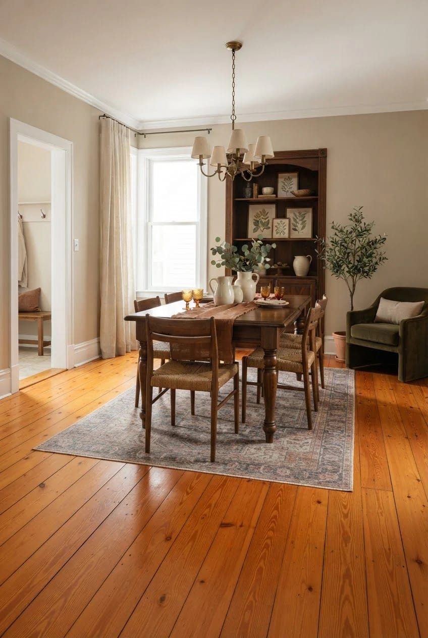 Warm Neutral Paint With Orange Wood Floors Dining room with warm beige walls, white trim, dark wood furniture, and orange-toned wood floors, illustrating paint colors that work with wood floors, trim, and cabinets