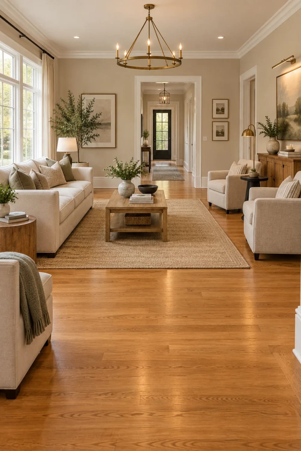 Warm Neutrals With Orange Wood Floors Living room with warm neutral beige walls, white trim, cream seating, wood furniture, and polished orange-toned wood floors demonstrating paint colors that work with wood floors