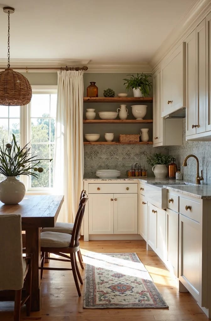 Warm White Kitchen With Wood Floors Bright kitchen with cream cabinets, white trim, open wood shelves, warm wood flooring, and natural light, illustrating paint colors that work with wood floors, trim, and cabinets