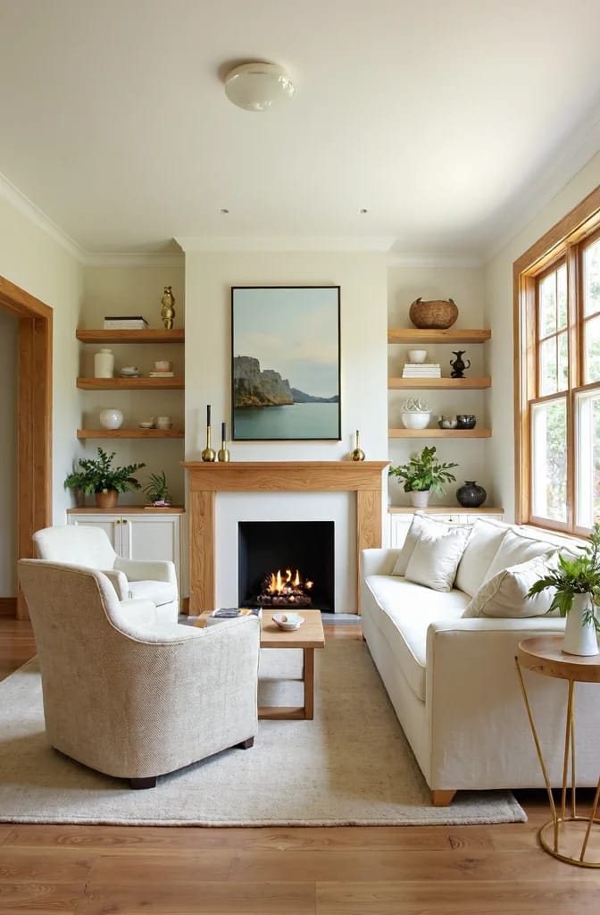 Warm White Paint With Wood Floors And Trim Living room with warm white walls, white furniture, natural wood flooring, trim, window frames, built-in shelves, and a wood fireplace mantel, illustrating paint colors that work with wood floors, trim, and cabinets