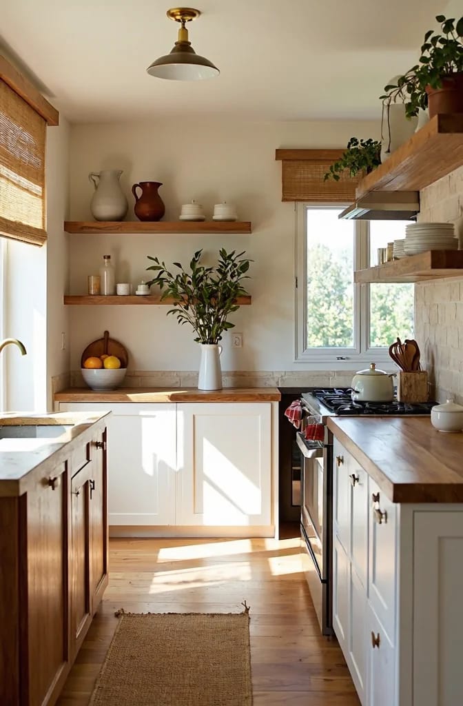 Warm Whites With Wood Floors And Cabinets Bright kitchen with warm white cabinets, wood floors, wood countertops, open wooden shelves, and natural wood window shades, illustrating paint colors that work with wood.