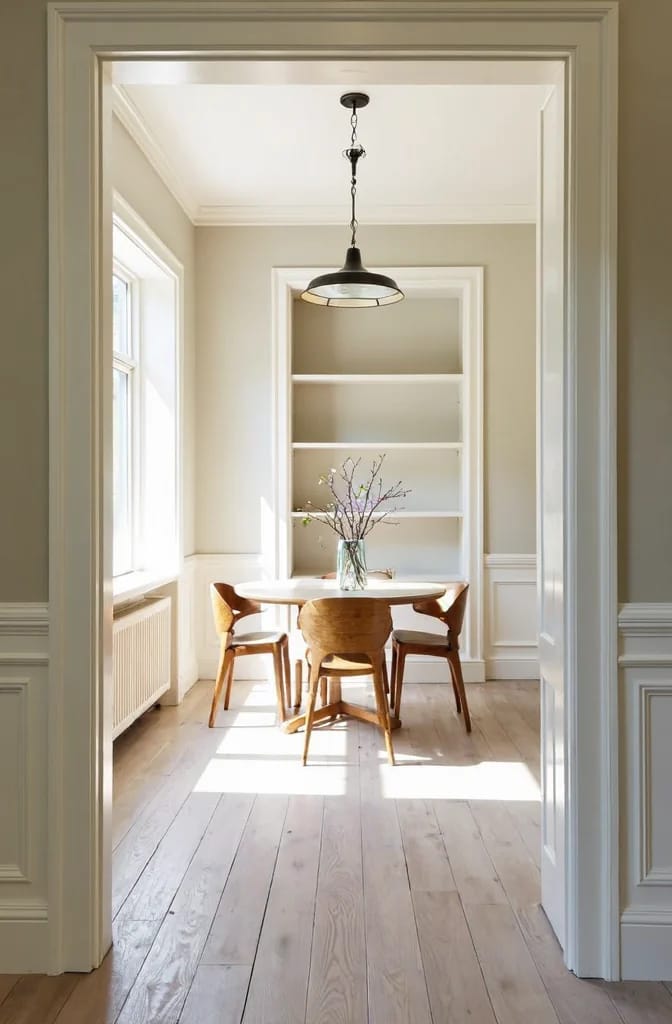 White And Cream Paint With Wood Floors Bright dining area with pale wood floors, white trim, cream walls, built-in shelving, a round table, wooden chairs, and a hanging pendant light, illustrating whites and creams that work with wood floors, trim, and cabinets