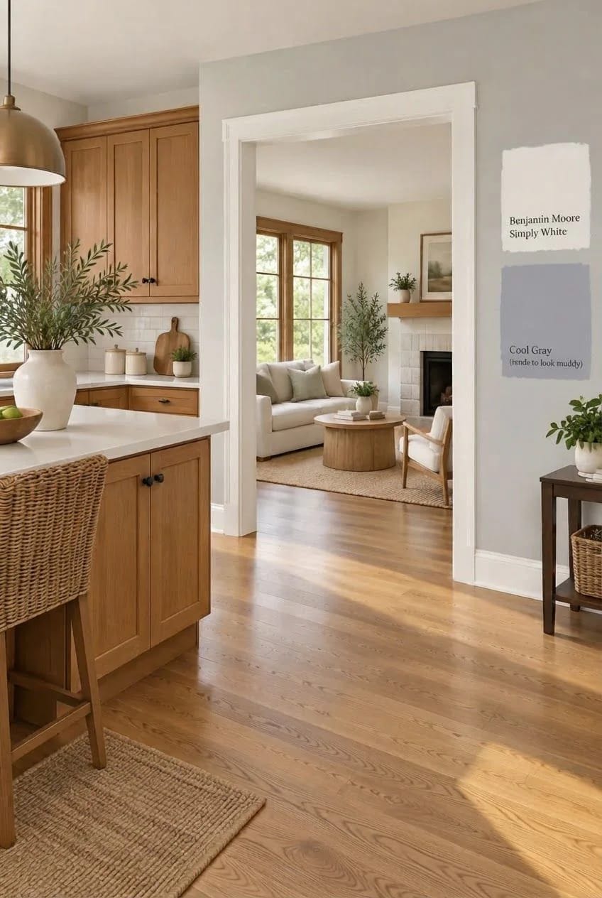 Whites With Warm Wood Floors And Cabinets Warm wood kitchen cabinets and hardwood floors paired with cool gray walls, white trim, and a Benjamin Moore Simply White paint sample, illustrating paint colors that work with wood floors, trim, and cabinets